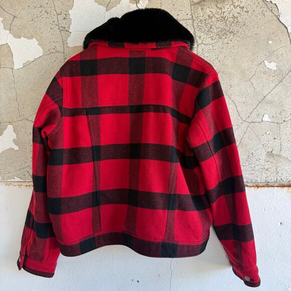 Gap Buffalo Plaid Jacket Womens XL Red Black Faux Fur Trim Boxy Cropped Bomber - Picture 7 of 8